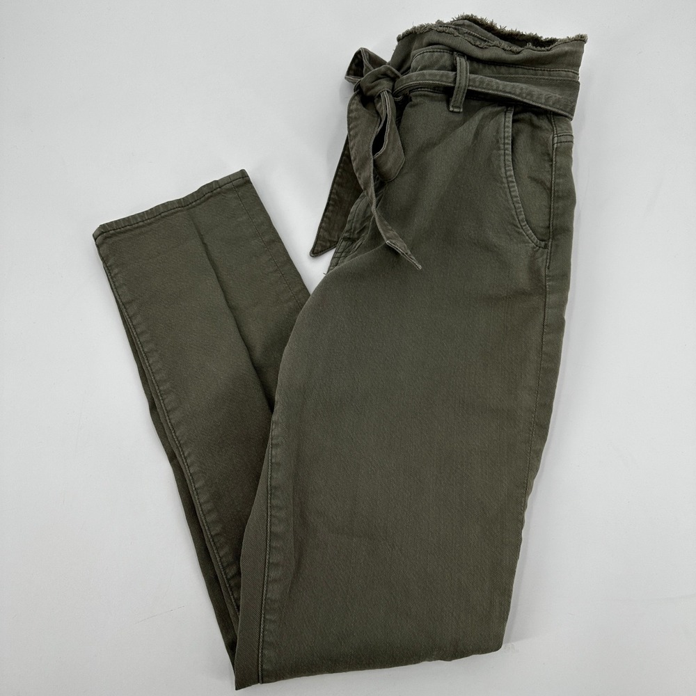 7 For All Mankind Olive Green Paperbag Waist Fray Pants Size 29 Tie Belt Safari
